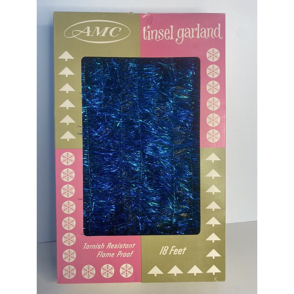 Vintage Tinsel Garland 18’ Blue Green W Box Holiday Tree MADE USA Tarnish Resist